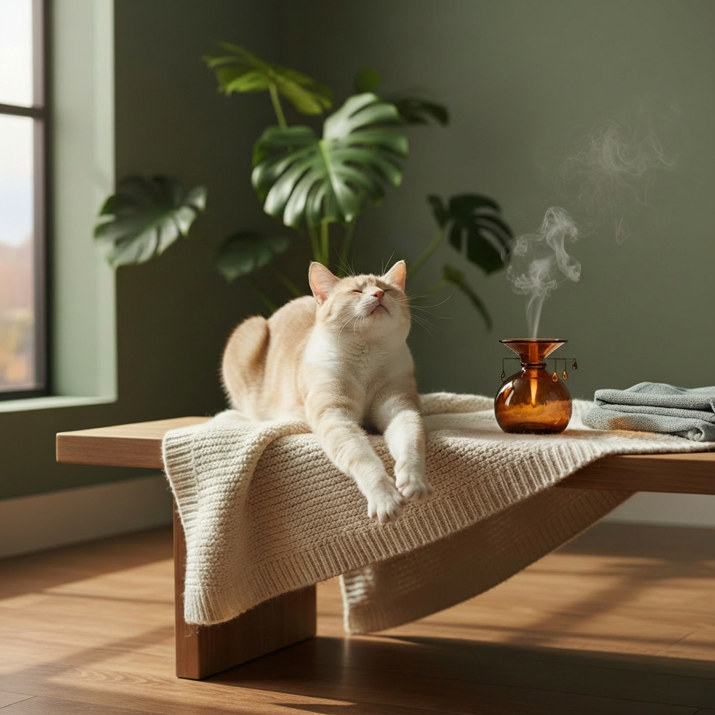 A serene tabby cat stretched out on a plush, cream-colored blanket atop a low, natural-wood bench, with a small amber glass essential oil diffuser and a neatly folded, pale-blue towel positioned nearby. The setting is a minimalist, spa-like room with muted sage walls and a large, leafy houseplant in the softly blurred background. Late afternoon natural light enters from the side, creating a warm, diffused glow and gentle, elongated shadows. Shot from a slightly elevated angle using the rule of thirds, the cat is in sharp focus while surroundings fade into a soft bokeh. The mood is therapeutic and restorative, emphasizing holistic pet comfort in a clean, photographic style.